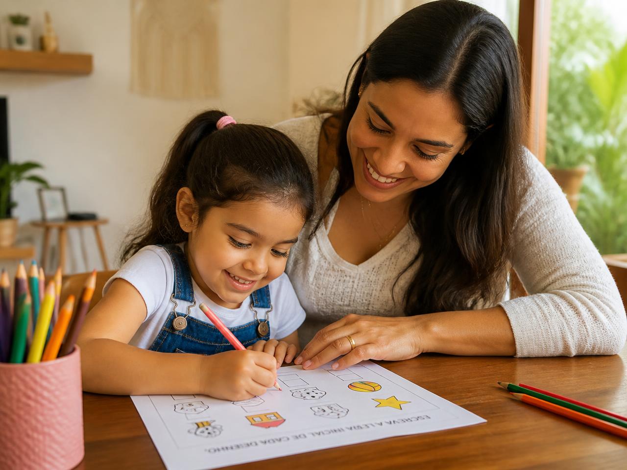 Mãe ajudando a filha a fazer uma atividade impressa de alfabetização